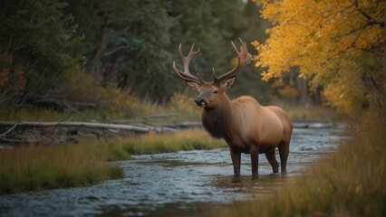 Naklejka na ściany i meble Nature's Elegance Bull Elk Gracefully Crossing the Stream