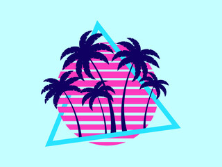 Fototapeta na wymiar 80s retro sci-fi palm trees on a sunset in triangular frame. Retro futuristic sun with palm trees. Synthwave and retrowave style. Design for advertising banners and posters. Vector illustration