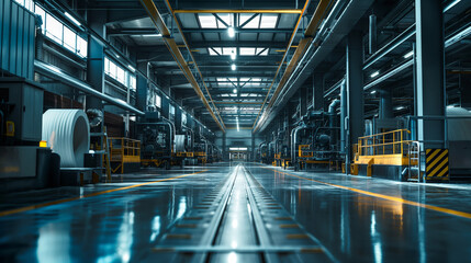 A glimpse inside a modern industrial manufacturing plant featuring an assembly line space with a visible conveyor system