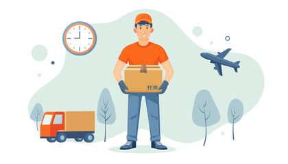 Delivery man in a baseball cap with a package. Concept of delivery of goods, orders
