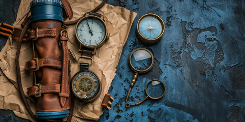 A collection of vintage timepieces and a magnifying glass on a blue background. Scene is nostalgic and adventurous - obrazy, fototapety, plakaty