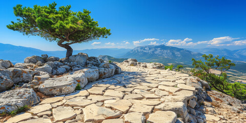 A tree is growing on a rocky hillside. The sky is clear and blue, and the mountain range in the background is visible. The scene is peaceful and serene, with the tree providing a sense of life