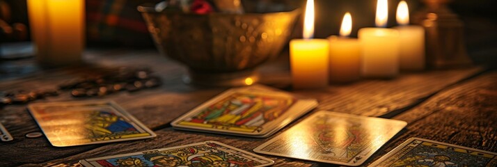 Tarot cards on a table with blurred candlelights background - obrazy, fototapety, plakaty