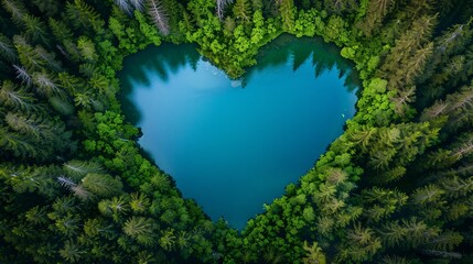 heart shape lake surrounded by forest - obrazy, fototapety, plakaty