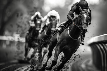 On the edge: Galloping racehorses and their determined jockeys push the limits of speed and endurance, their quest for glory driving them forward with unrelenting intensity-4 - obrazy, fototapety, plakaty