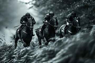 On the edge: Galloping racehorses and their determined jockeys push the limits of speed and endurance, their quest for glory driving them forward with unrelenting intensity-3 - obrazy, fototapety, plakaty