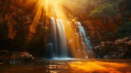 Fototapeta na wymiar a beautiful large waterfall flows into the river at sunrise