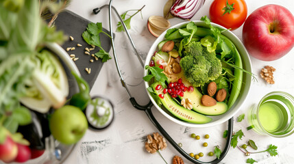 Healthy food with vegetables, nuts and fruits in bowl surrounded by apples, avocado, broccoli, red onion, pine nuts, water glass and green juice on white table next to stethoscope. Top view. - Powered by Adobe