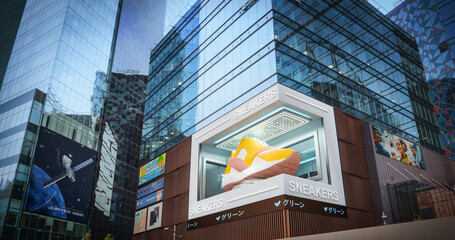 Big City 3D Billboard of a Sneaker. Creative Clothing Advert in Modern Urban District on Skyscraper. Advertising Concept with Stylish Display, Dymanic Cutting-Edge, High-Impact Visual Creativity