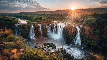 a beautiful large waterfall flows into the river at sunrise - obrazy, fototapety, plakaty