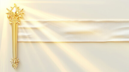 A gold and white ribbon with a sun shining on it. The ribbon is long and narrow