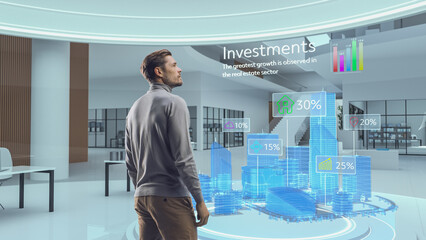 Futuristic Businessman Standing in a Virtual Space, Interacting with an Augmented Reality Hologram...