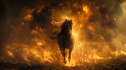 Through the veil of smoke and ash, a fiery stallion gallops across a barren wasteland, its hooves igniting the ground beneath-2 - obrazy, fototapety, plakaty