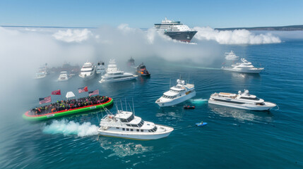 A group of boats are in the water, with one of them being a cruise ship. The scene is foggy and the boats are scattered throughout the water