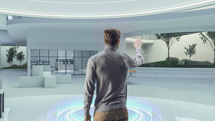 Futuristic Architect Standing in a Virtual Space, Interacting with an Augmented Reality Hologram 3D...