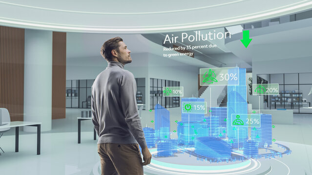 Futuristic Architect Standing in Virtual Space, Interacting with an Augmented Reality Hologram 3D City showing ESG Data and Green Energy Statistics, Big Data Analysis of Reusable Building Materials