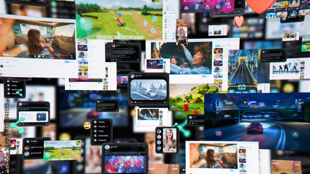 Poster 3D Render of Digital Background with Different Online Services. Demonstration of Messenger Apps, Dating Profiles, Games, Entertainment Viral Videos All Connected in Social Network Visualization