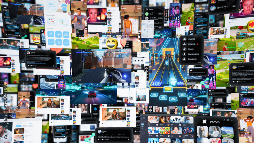 Poster 3d render: digital background with different online services. demonstration of messenger apps, datin
