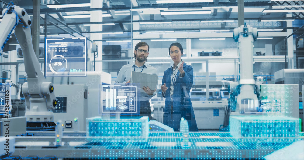 Fototapete Electronics Factory Assembly Line Digitalization: Automated Robot Arms Manufacturing Advanced Equipment. Managers Discussing Work while Futuristic AI Computer Vision Analyzing, Scanning Conveyor Line