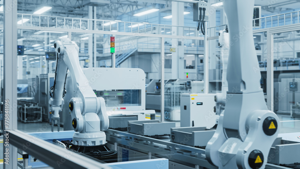 Leinwandbilder 3D Render: Advanced Robot Arm Conveyor Line Manufacturing Electronics Enclosure Boxes. Programmable Artificial Intelligence Assembly Line Building High-Tech Product for the Technology Industry