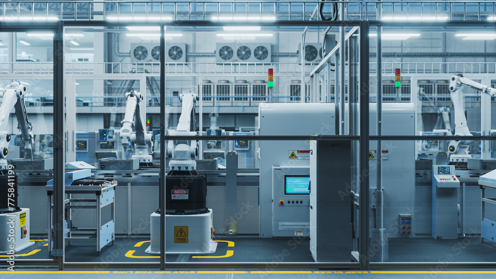 Poster 3D Render Of Robotic Arm Conveyor Line Manufacturing Industrial Electronic Devices. Advanced Automated AI Assembly Line Producing High Tech Products for the Information Technology Industry.