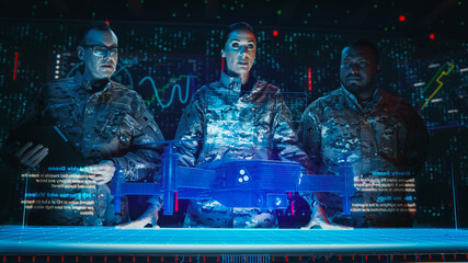 Futuristic Warfare Strategy: Military Intelligence Experts use Holographic Augmented Reality Table...