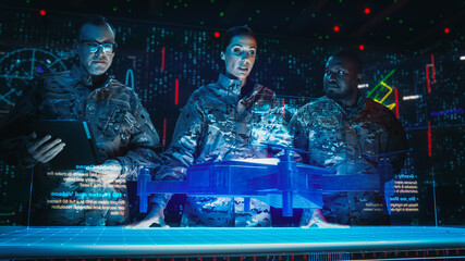 Futuristic Warfare Strategy: Military Intelligence Experts use Holographic Augmented Reality Table...
