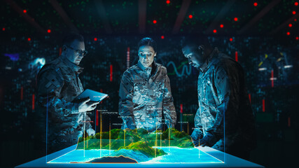 Futuristic Warfare Strategy: Military Intelligence Experts use Holographic Augmented Reality Table Map to Scan Enemy Terrain. Army Recoinessance Use 3D Surveillance Tech, Data Analysis to Win War - obrazy, fototapety, plakaty