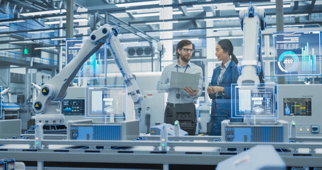 Electronics Factory Assembly Line Digitalization: Automated Robot Arms Manufacturing Equipment....