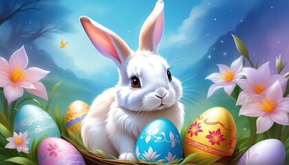 White Little Bunny Next to Colorful Eggs. Cute Hand-Drawn Easter Card. Generative ai.
