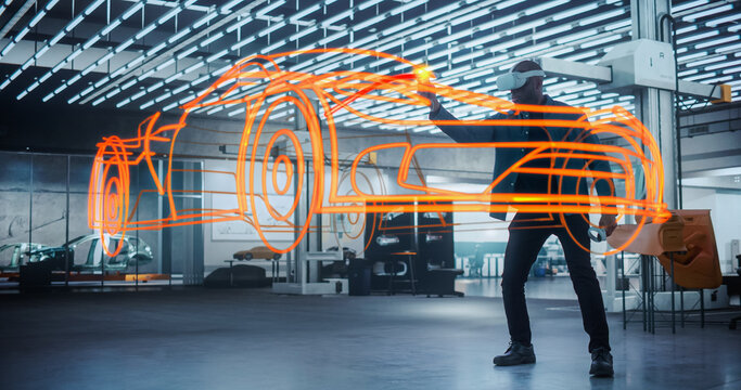 Futuristic Car Designer: Automotive Engineer Wearing Virtual Rality Headset Using Augmented Reality Hologram to Design 3D Model of High Tech Electric Vehicle Optimizing Clean Energy Efficiency - Powered by Adobe