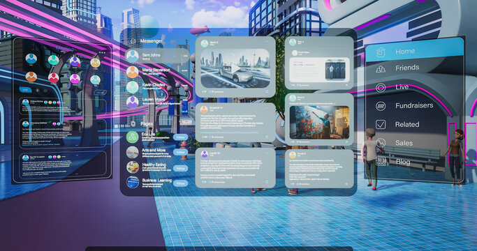 3D Render of Beautiful Digital Metaverse. Virtual Reality World With Avatars, Buildings and Nature. Person Is In Fun Colorful VR World. User Opens a Home Screen Menu with Different Holograms, Widgets.