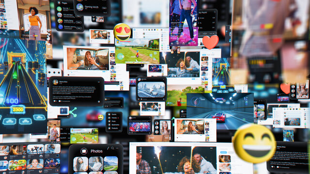 3D Render of Digital Background with Different Online Services. Demonstration of Messenger Apps, Dating Profiles, Game Streams, Entertainment Viral Videos All Connected in Social Network Visualization