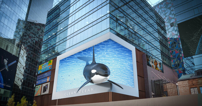 Big City 3D Advertising Billboard with Orca. Creative Clean Ocean Commercial with an Orca in a Modern Urban District with Skyscrapers. Futuristic Ad Concept with Stylish Hyper Realistic Display