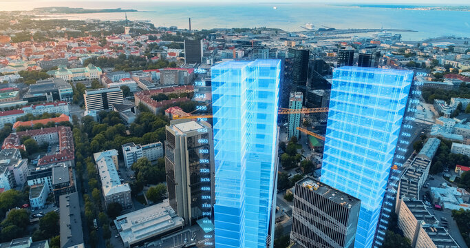 Aerial Drone Shot of Building Construction Finished with VFX: City Real Estate Development Site Transforms with Analytical 3D Graphics Project. Visualization, Digitalization of Urban Design.