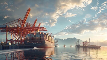 huge cargo port ships loading - obrazy, fototapety, plakaty