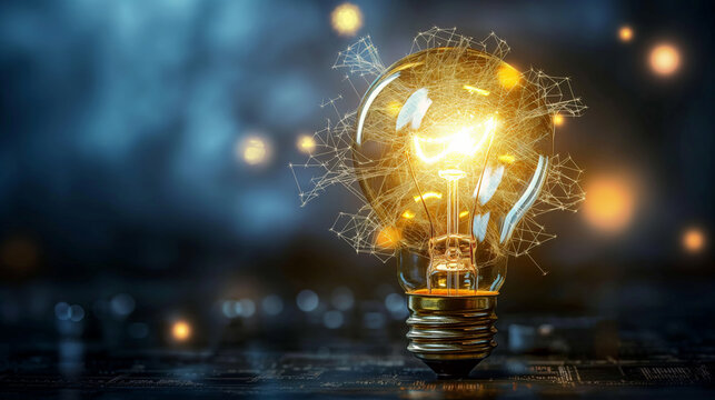 An electrical bulb shines on a dark digital background with graphics, symbolizing innovation in 3D design, AI, and atomic energy