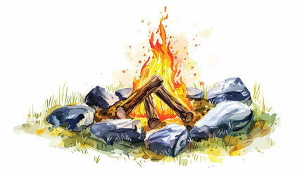 Watercolor bonfire with wood on the campfire camp pla - obrazy, fototapety, plakaty