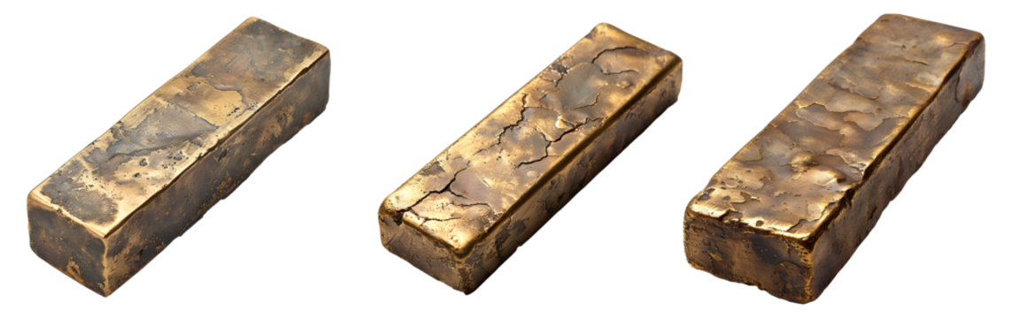 Bronze bar set PNG. Bronze bar PNG. Bronze ingot isolated. Reflective bronze bar for smelting PNG. Bronze top view flat lay isolated