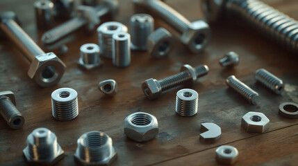Close-up view of precision-turned metal machined components, including nuts, bolts, and tailor-made parts, for industrial applications
