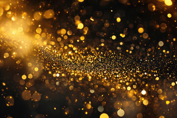 Golden glitter light effects on dark background. Festive holiday texture.