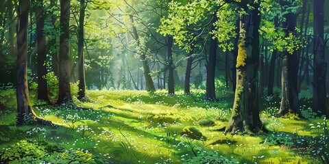 Spring forest clearing, sunlight filtering through trees, wide background 