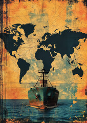 An old book cover design depicts a cargo ship sailing over continents against a vintage background