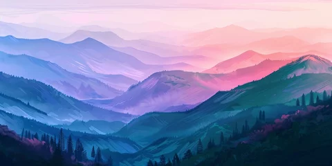 Poster Mountain landscape in spring, panoramic view, dawn lighting for banner  © Thanthara