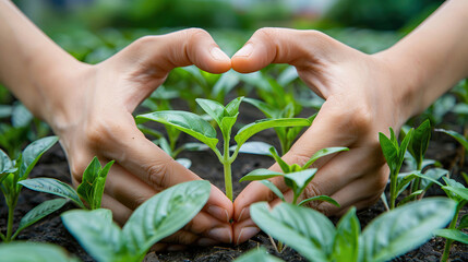 Close up on hands forming a heart around a young plant, green cityscape, promoting urban greening