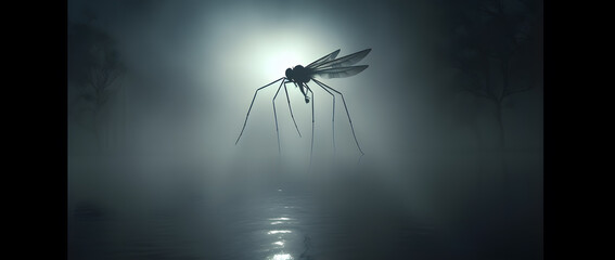 Silhouette of an mosquito with long legs and wings  on dark gray and foggy background
