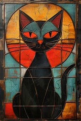 A painting of a black cat with red eyes, art deco decorative background