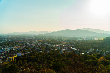 Khao Rang Phuket City View Point which shows the beauty of Phuket City, Thailand from the top of the hill. landscape from the View point showing the beauty of Phuket city, rows of hills and coastline