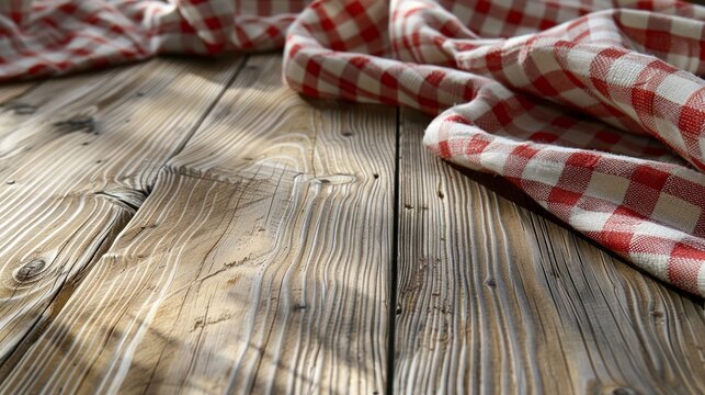 Country style wooden surface with a picnic cloth drape