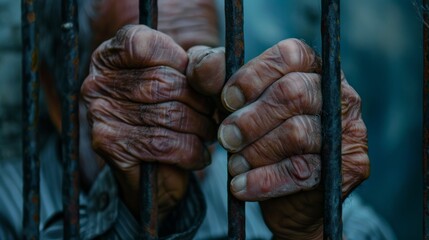 old man prisoner behind bars